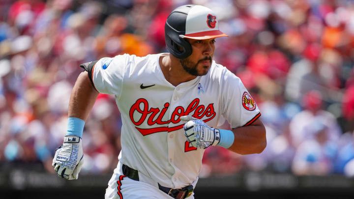 Jun 16, 2024; Baltimore, Maryland, USA; Baltimore Orioles right fielder Anthony Santander (25) runs out an RBI single. Jun 16, 2024; Baltimore, Maryland, USA; Baltimore Orioles right fielder Anthony Santander (25) runs out an RBI single.