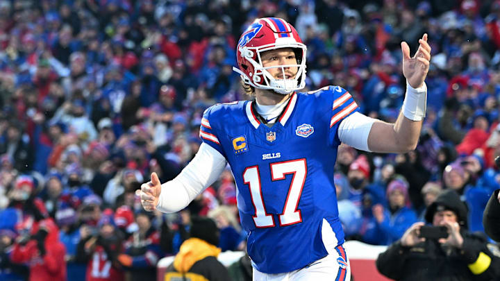 Jan 4, 2026; Orchard Park, New York, USA; Buffalo Bills quarterback Josh Allen (17) runs onto the field before the game against the New York Jets at Highmark Stadium. Jan 4, 2026; Orchard Park, New York, USA; Buffalo Bills quarterback Josh Allen (17) runs onto the field before the game against the New York Jets at Highmark Stadium.