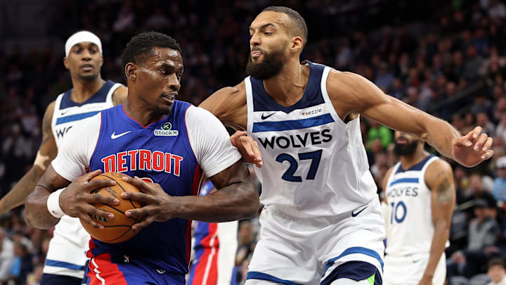 Detroit Pistons center Jalen Duren drives towards the basket as Minnesota Timberwolves center Rudy Gobert defends during the first quarter at Target Center in Minneapolis on March 30, 2025.