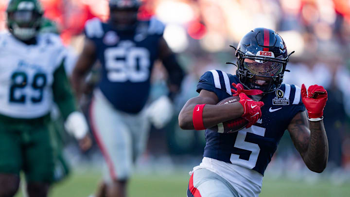 Ole Miss running back Kewan Lacy (5) runs the ball and scores a touchdown during the first round of the College Football Playoff against Tulane at Vaught-Hemingway Stadium in Oxford, Miss., on Saturday, Dec. 20, 2025.