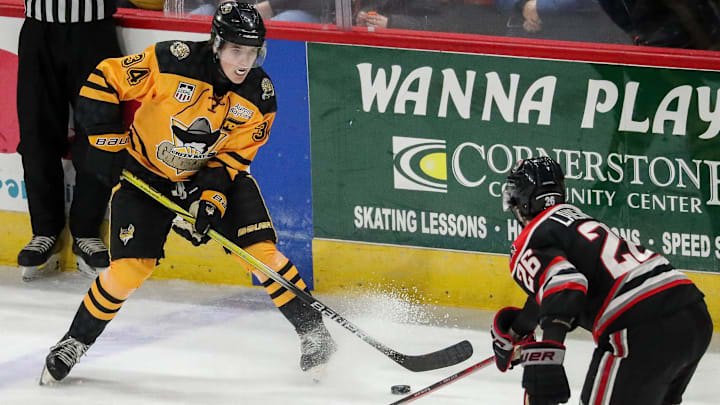 Green Bay Gamblers forward Will Zellers (34) skates with the puck against the Waterloo Black Hawks on Saturday, January 25, 2025, at the Resch Center in Ashwaubenon, Wis. Waterloo won the game, 6-3.
Tork Mason/USA TODAY NETWORK-Wisconsin Green Bay Gamblers forward Will Zellers (34) skates with the puck against the Waterloo Black Hawks on Saturday, January 25, 2025, at the Resch Center in Ashwaubenon, Wis. Waterloo won the game, 6-3.
Tork Mason/USA TODAY NETWORK-Wisconsin