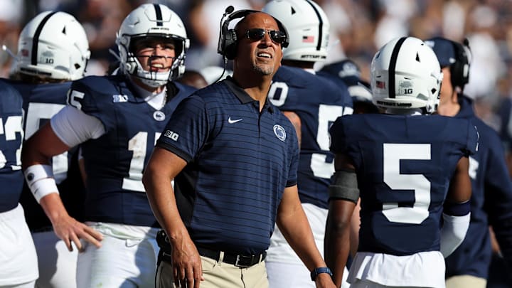 Penn State Nittany Lions head coach James Franklin looks on from the sideline during the second quarter against the Nevada Wolf Pack at Beaver Stadium. 