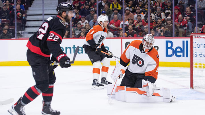 Oct 23, 2025; Ottawa, Ontario, CAN; Philadelphia Flyers goalie Dan Vladar (80) reacts to a goal scored by Ottawa Senators right wing Michael Amadio (22) in the first period at the Canadian Tire Centre. Mandatory Credit: Marc DesRosiers-IMAGN Images