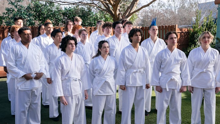 Cobra Kai. (L to R) Khalil Everage as Chris, Nathaniel Oh as Nate, Griffin Santopeitro as Anthony Larusso, Owen Morgan as Bert, Mary Mouser as Samantha LaRusso, Aedin Mincks as Mitch, Gianni DeCenzo as Demetri, Xolo Maridueña as Miguel Diaz, Jacob Bertrand as Eli 'Hawk' Moskowitz, Tanner Buchanan as Robby Keene, Peyton List as Tory Nichols in Cobra Kai. Cr. Curtis Bonds Baker/Netflix © 2024