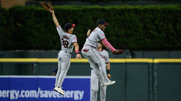 May 19, 2026: Cleveland Guardians outfielders, Steven Kwan (38) Angel Martinez, (top right) and Daniel Schneemann celebrate their win over the Detroit Tigers at Comerica Park. 
