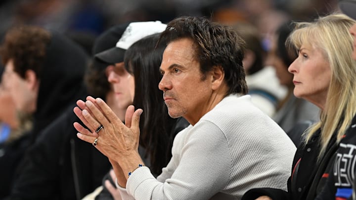 Mar 23, 2025; Detroit, Michigan, USA; Detroit Pistons owner Tom Gores looks on before the game against the New Orleans Pelicans at Little Caesars Arena. Mandatory Credit: Lon Horwedel-Imagn Images