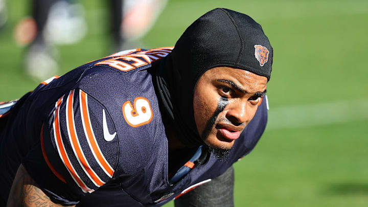 Nov 23, 2025; Chicago, Illinois, USA; Chicago Bears safety Jaquan Brisker (9) stretches before the game against the Pittsburgh Steelers at Soldier Field. Mandatory Credit: Mike Dinovo-Imagn Images Nov 23, 2025; Chicago, Illinois, USA; Chicago Bears safety Jaquan Brisker (9) stretches before the game against the Pittsburgh Steelers at Soldier Field. Mandatory Credit: Mike Dinovo-Imagn Images