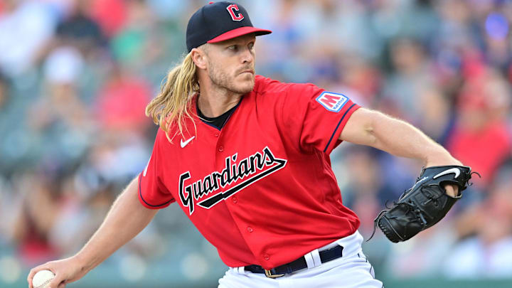 Aug 22, 2023; Cleveland, Ohio, USA; Cleveland Guardians starting pitcher Noah Syndergaard (34) throws a pitch during the first inning against the Los Angeles Dodgers at Progressive Field. 