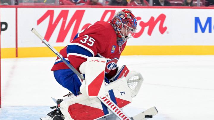 Sep 26, 2026; Montreal, Quebec, CAN;  Montreal Canadiens goalie Samuel Montembeault (35) makes a save against the Ottawa Senators during the third period at the Bell Centre.  Mandatory Credit: Eric Bolte-Imagn Images