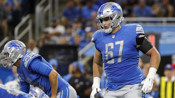 Sep 11, 2022; Detroit, Michigan, USA; Detroit Lions offensive tackle Matt Nelson (67) gets in position for a play against Philadelphia Eagles during the first half at Ford Field. Sep 11, 2022; Detroit, Michigan, USA; Detroit Lions offensive tackle Matt Nelson (67) gets in position for a play against Philadelphia Eagles during the first half at Ford Field.