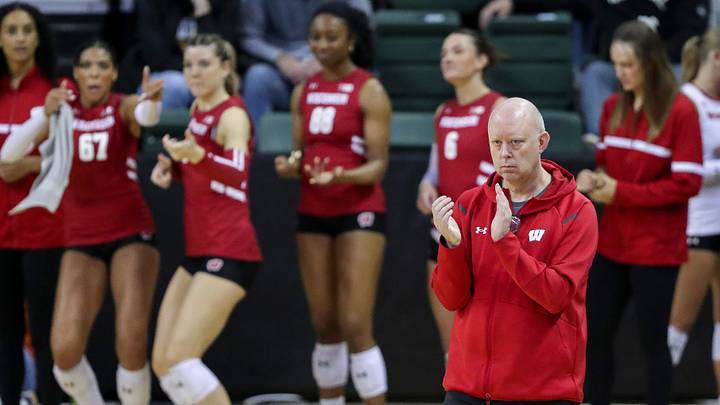 Wisconsin head coach Kelly Sheffield reacts after the Badgers win a point against Wisconsin-Green Bay during an exhibition match on Saturday, April 18, 2026, at the Kress Center in Green Bay, Wis. Wisconsin won all five sets of the match.
Tork Mason/USA TODAY NETWORK-Wisconsin Wisconsin head coach Kelly Sheffield reacts after the Badgers win a point against Wisconsin-Green Bay during an exhibition match on Saturday, April 18, 2026, at the Kress Center in Green Bay, Wis. Wisconsin won all five sets of the match.
Tork Mason/USA TODAY NETWORK-Wisconsin