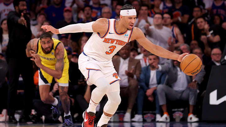 May 19, 2024; New York, New York, USA; New York Knicks guard Josh Hart (3) brings the ball up court against Indiana Pacers forward Obi Toppin (1) during the third quarter of game seven of the second round of the 2024 NBA playoffs at Madison Square Garden. Mandatory Credit: Brad Penner-USA TODAY Sports May 19, 2024; New York, New York, USA; New York Knicks guard Josh Hart (3) brings the ball up court against Indiana Pacers forward Obi Toppin (1) during the third quarter of game seven of the second round of the 2024 NBA playoffs at Madison Square Garden. Mandatory Credit: Brad Penner-USA TODAY Sports