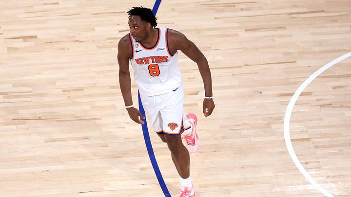 Jun 8, 2026; New York, New York, USA; New York Knicks forward Og Anunoby (8) reacts in the second quarter against the San Antonio Spurs during game three of the 2026 NBA Finals at Madison Square Garden. Mandatory Credit: Wendell Cruz-Imagn Images