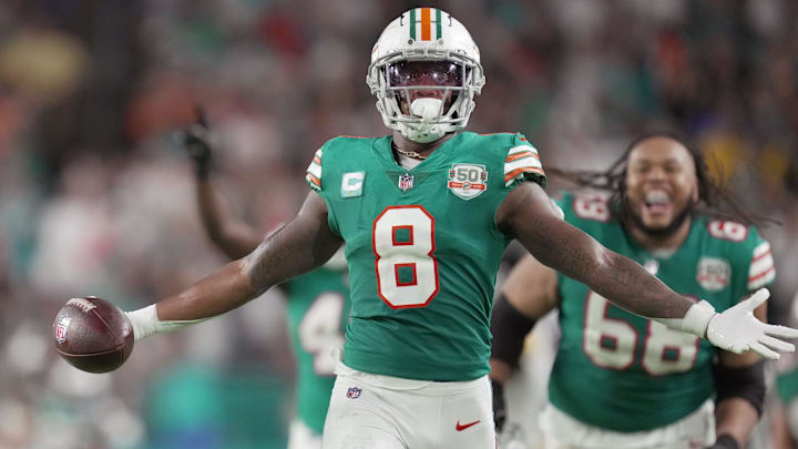 Miami Dolphins safety Jevon Holland (8) celebrates an interception late in the game against the Pittsburgh Steelers at Hard Rock Stadium in Miami Gardens, Oct. 23, 2022 Miami Dolphins safety Jevon Holland (8) celebrates an interception late in the game against the Pittsburgh Steelers at Hard Rock Stadium in Miami Gardens, Oct. 23, 2022