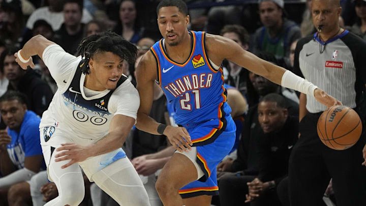 Feb 13, 2025; Minneapolis, Minnesota, USA; Minnesota Timberwolves guard Terrence Shannon Jr. (00) defends against Oklahoma City Thunder guard Aaron Wiggins (21) in the fourth quarter at Target Center. Mandatory Credit: Bruce Kluckhohn-Imagn Images Feb 13, 2025; Minneapolis, Minnesota, USA; Minnesota Timberwolves guard Terrence Shannon Jr. (00) defends against Oklahoma City Thunder guard Aaron Wiggins (21) in the fourth quarter at Target Center. Mandatory Credit: Bruce Kluckhohn-Imagn Images