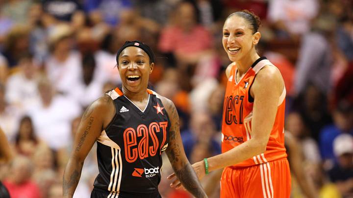 Jul 27, 2013; Uncasville, CT, USA; Eastern Conference guard Cappie Pondexter (23) of the New York Liberty and Western Conference guard Diana Taurasi (03) of the Phoenix Mercury smile during the 2013 WNBA All Star Game at Mohegan Sun Arena. Mandatory Credit: Danny Wild-Imagn Images