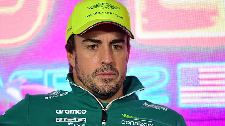 Nov 15, 2023; Las Vegas, Nevada, USA; Aston Martin driver Fernando Alonso of Spain during media