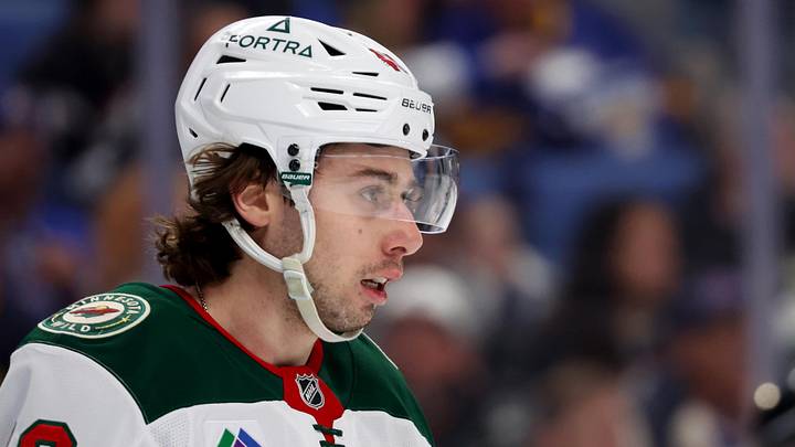 Jan 17, 2026; Buffalo, New York, USA;  Minnesota Wild defenseman Quinn Hughes (43) during a stoppage in play against the Buffalo Sabres at KeyBank Center. Mandatory Credit: Timothy T. Ludwig-Imagn Images