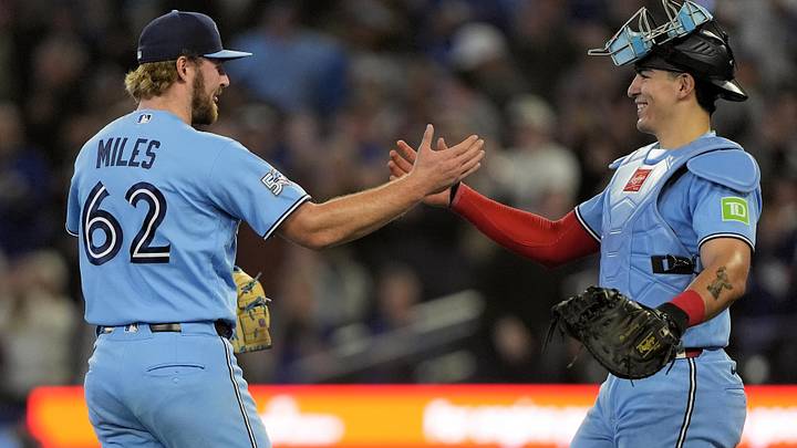 Apr 29, 2026; Toronto, Ontario, CAN; Toronto Blue Jays starting pitcher Spencer Miles (62) and catcher Brandon Valenzuela (59) celebrate a win over the Boston Red Sox at Rogers Centre. Apr 29, 2026; Toronto, Ontario, CAN; Toronto Blue Jays starting pitcher Spencer Miles (62) and catcher Brandon Valenzuela (59) celebrate a win over the Boston Red Sox at Rogers Centre.