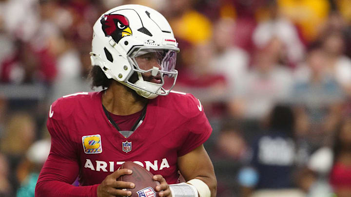 Cardinals quarterback Kyler Murray (1) looks for wide receivers against the Commanders during a game at State Farm Stadium in Glendale on Sept. 29, 2024. Cardinals quarterback Kyler Murray (1) looks for wide receivers against the Commanders during a game at State Farm Stadium in Glendale on Sept. 29, 2024.