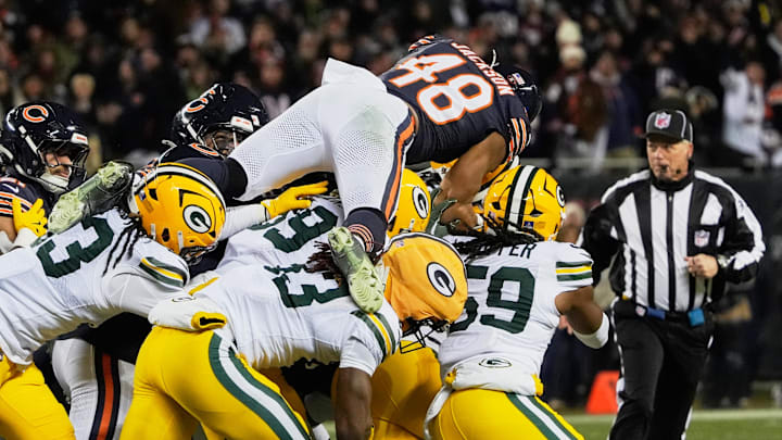 D'Marco Jackson scales the Packers wall on special teams to try and make a tackle Saturday night on special teams.