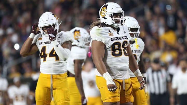 Sep 6, 2025; Starkville, Mississippi, USA; Arizona State Sun Devils defensive lineman Jacob Rich Kongaika (98) looks on during the third quarter against the Mississippi State Bulldogs at Davis Wade Stadium at Scott Field. Mandatory Credit: Petre Thomas-Imagn Images Sep 6, 2025; Starkville, Mississippi, USA; Arizona State Sun Devils defensive lineman Jacob Rich Kongaika (98) looks on during the third quarter against the Mississippi State Bulldogs at Davis Wade Stadium at Scott Field. Mandatory Credit: Petre Thomas-Imagn Images
