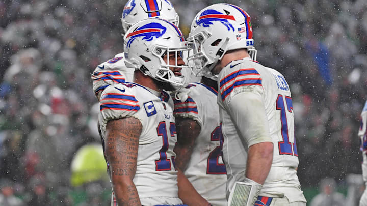 Nov 26, 2023; Philadelphia, Pennsylvania, USA; Buffalo Bills wide receiver Gabe Davis (13) celebrates touchdown  with quarterback Josh Allen (17)