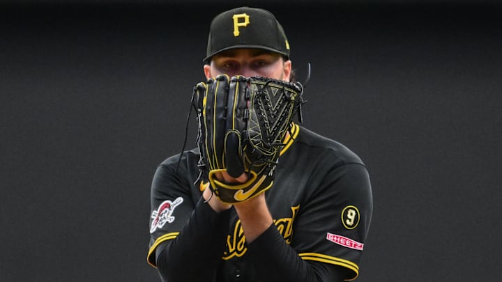 Apr 24, 2026; Milwaukee, Wisconsin, USA; Pittsburgh Pirates starting pitcher Paul Skenes (30) gets ready to throw a pitch in the first inning against the Milwaukee Brewers at American Family Field. Mandatory Credit: Benny Sieu-Imagn Images
