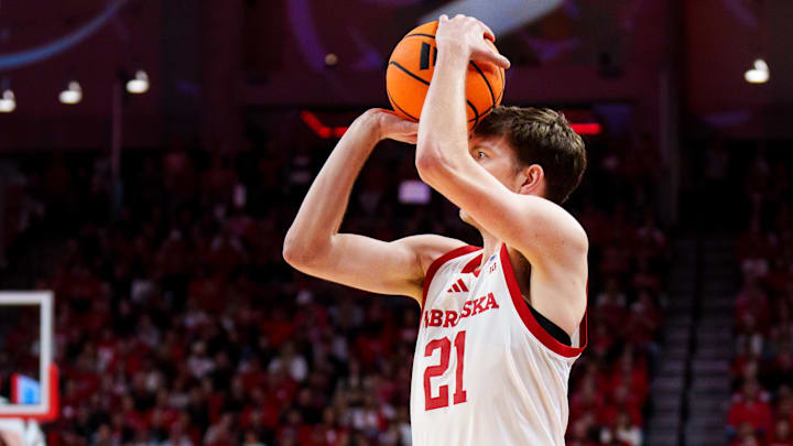 Nebraska forward Pryce Sandfort, the Huskers' leading scorer, shoots a three-pointer against Northwestern at Pinnacle Bank Arena. 
