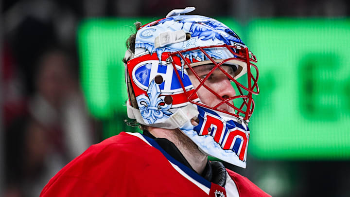 Apr 26, 2026; Montreal, Quebec, CAN; Montreal Canadiens goalie Jakub Dobes (75) looks on against the Tampa Bay Lightning during the second period in game four of the first round of the 2026 Stanley Cup Playoffs at Bell Centre. Mandatory Credit: David Kirouac-Imagn Images