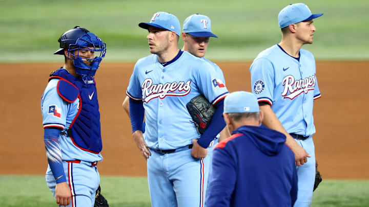 Aug 10, 2025; Arlington, Texas, USA;  Texas Rangers starting pitcher Patrick Corbin (46) reacts before leaving during the fifth inning against the Philadelphia Phillies at Globe Life Field. 