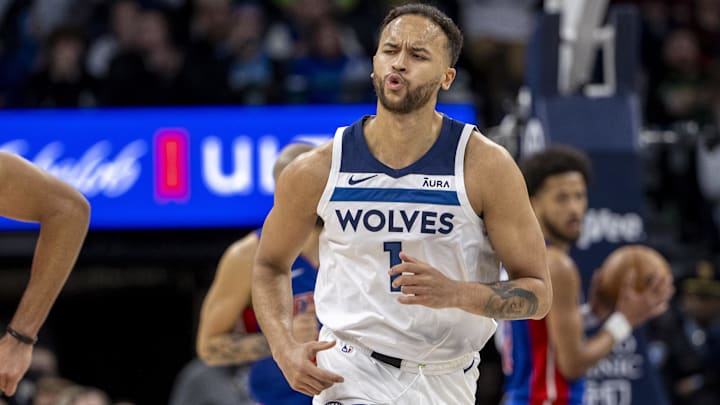 Mar 27, 2024; Minneapolis, Minnesota, USA; Minnesota Timberwolves forward Kyle Anderson (1) reacts after making a shot agains the Detroit Pistons in the second half at Target Center.