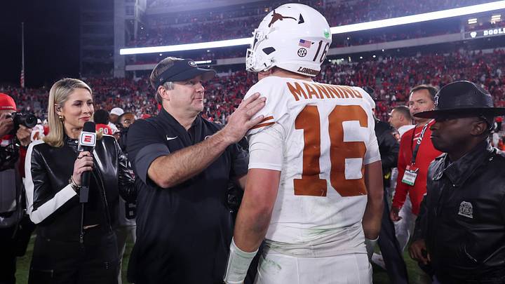 Nov 15, 2025; Athens, Georgia, USA; Georgia Bulldogs head coach Kirby Smart and Texas Longhorns quarterback Arch Manning (16) interact after a game at Sanford Stadium. Mandatory Credit: Brett Davis-Imagn Images Nov 15, 2025; Athens, Georgia, USA; Georgia Bulldogs head coach Kirby Smart and Texas Longhorns quarterback Arch Manning (16) interact after a game at Sanford Stadium. Mandatory Credit: Brett Davis-Imagn Images