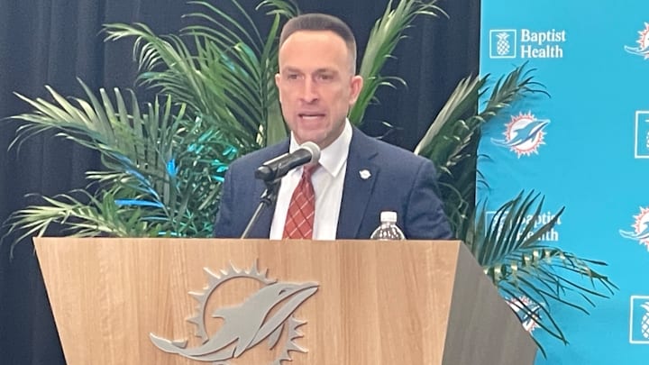 Miami Dolphins head coach Jeff Hafley makes his first remarks at his introductory press conference