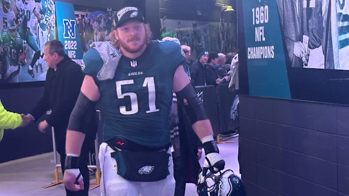 Cam Jurgens heads to the locker room after putting forth a warrior effort in helping the Eagles rout the Commanders in the NFC Championship Game.