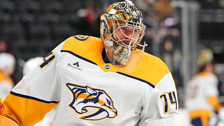 Jan 17, 2026; Las Vegas, Nevada, USA; Nashville Predators goaltender Juuse Saros (74) warms up before a game against the Vegas Golden Knights at T-Mobile Arena. Mandatory Credit: Stephen R. Sylvanie-Imagn Images