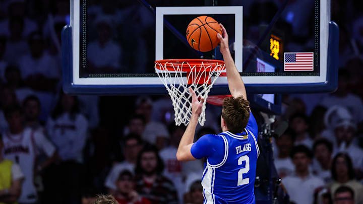 Nov 22, 2024; Tucson, Arizona, USA; Duke Blue Devils forward Cooper Flagg (2) makes a lay up during the second half against the Arizona Wildcats at McKale Center. Mandatory Credit: Aryanna Frank-Imagn Images