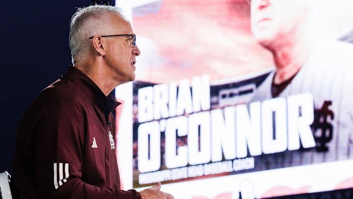 Newly hired Mississippi State coach Brian O'Connor records a welcome video at Dudy Noble Field.