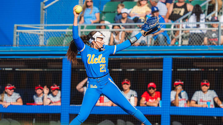 UCLA softball's Taylor Tinsley delivers a pitch against Ohio State on April 5, 2025.