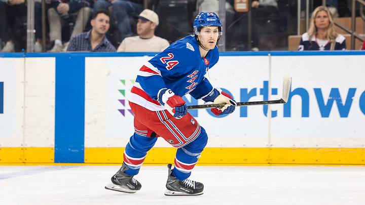 Apr 5, 2026; New York, New York, USA; New York Rangers left wing Tye Kartye (24) skates against the Washington Capitals during the first period at Madison Square Garden. Mandatory Credit: Danny Wild-Imagn Images