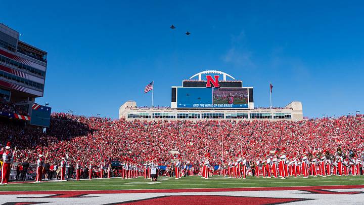 Two F-16s fly over the field during the national anthem before the Nebraska-Maryland game earlier this season.