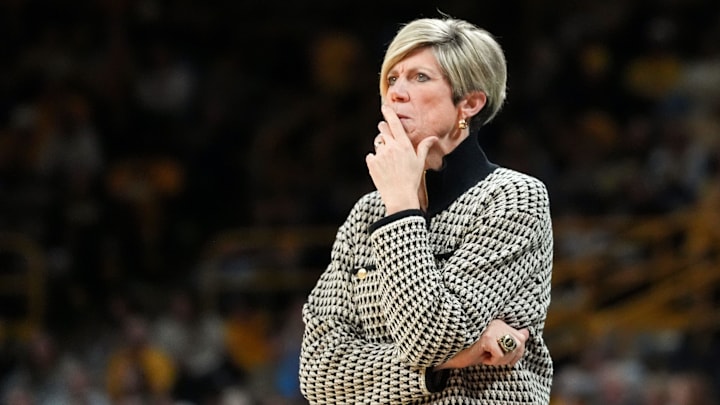 Iowa’s Jan Jensen watches from the sidelines against Toledo Wednesday, Nov. 13, 2024 at Carver-Hawkeye Arena in Iowa City, Iowa.