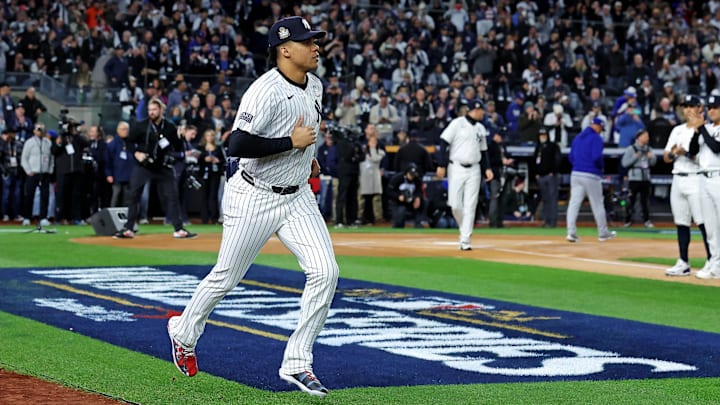 Oct 28, 2024; New York, New York, USA; New York Yankees outfielder Juan Soto (22) is introduced before playing against the Los Angeles Dodgers in game three of the 2024 MLB World Series at Yankee Stadium. Mandatory Credit: Brad Penner-Imagn Images Oct 28, 2024; New York, New York, USA; New York Yankees outfielder Juan Soto (22) is introduced before playing against the Los Angeles Dodgers in game three of the 2024 MLB World Series at Yankee Stadium. Mandatory Credit: Brad Penner-Imagn Images