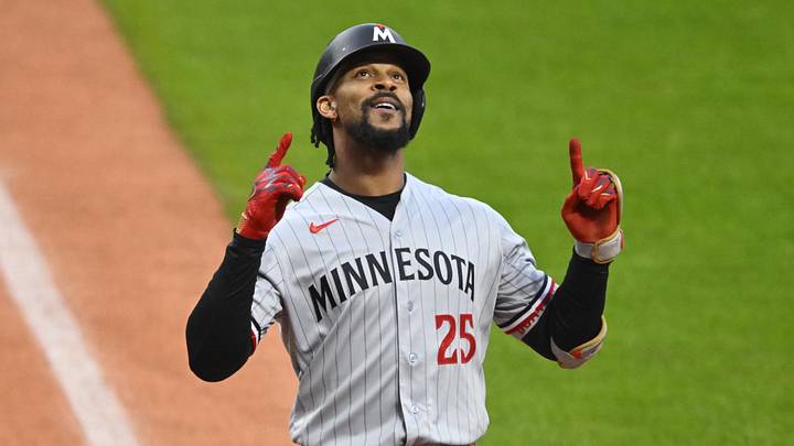 May 9, 2026; Cleveland, Ohio, USA; Minnesota Twins center fielder Byron Buxton (25) celebrates his solo home run in the first inning against the Cleveland Guardians at Progressive Field. May 9, 2026; Cleveland, Ohio, USA; Minnesota Twins center fielder Byron Buxton (25) celebrates his solo home run in the first inning against the Cleveland Guardians at Progressive Field.