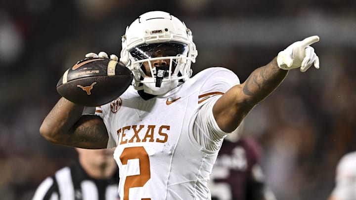 Nov 30, 2024; College Station, Texas, USA; Texas Longhorns wide receiver Matthew Golden (2) motions during the second half against the Texas A&M Aggies. The Longhorns defeated the Aggies 17-7 at Kyle Field.