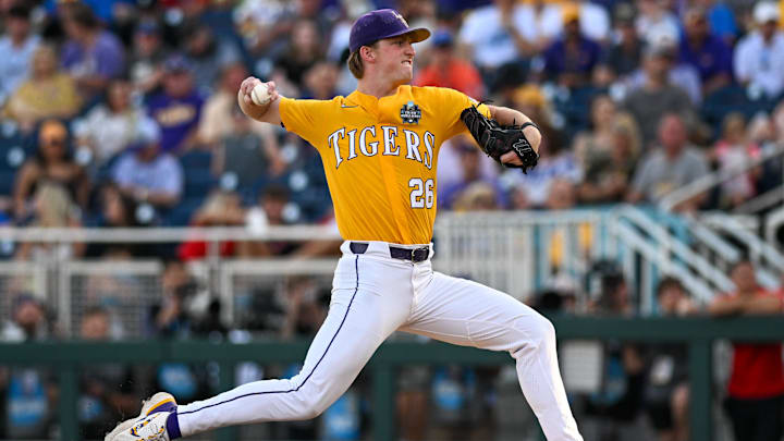 Jun 26, 2023; Omaha, NE, USA;  LSU Tigers pitcher Thatcher Hurd (26) throws against the Florida