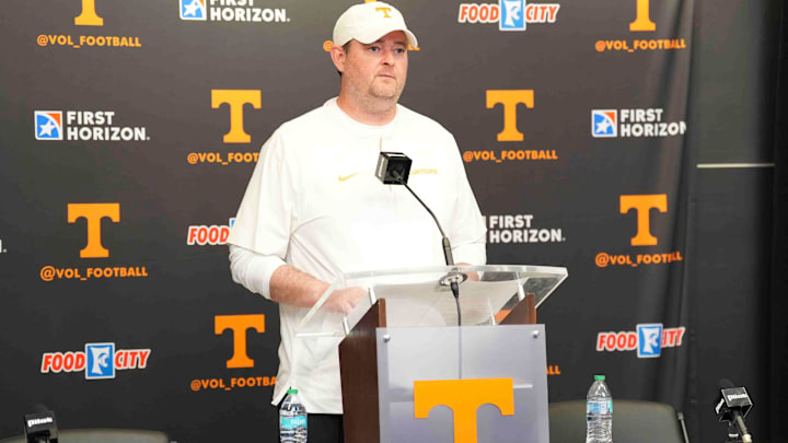 Tennessee head coach Josh Heupel speaks after the Orange & White spring game, Saturday, April 12, 2025.