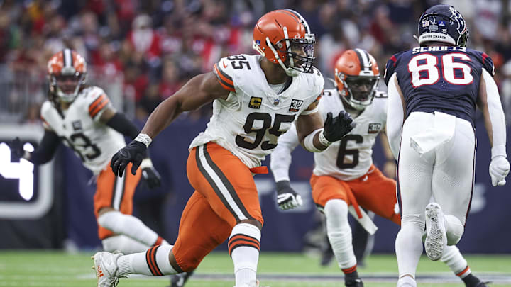 Dec 24, 2023; Houston, Texas, USA; Cleveland Browns defensive end Myles Garrett (95) in action during the game against the Houston Texans at NRG Stadium. Dec 24, 2023; Houston, Texas, USA; Cleveland Browns defensive end Myles Garrett (95) in action during the game against the Houston Texans at NRG Stadium.