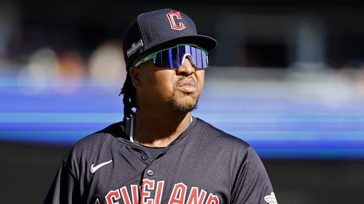 Oct 9, 2024; Detroit, Michigan, USA; Cleveland Guardians third baseman Jose Ramirez (11) looks on during the first inning during game three of the ALDS for the 2024 MLB Playoffs at Comerica Park.