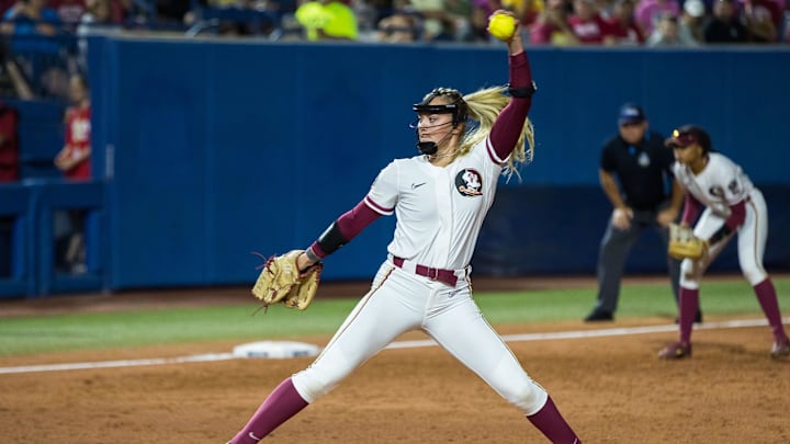 Jun 7, 2023; Oklahoma City, OK, USA;  Florida State Seminoles pitcher Makenna Reid (31) throws a